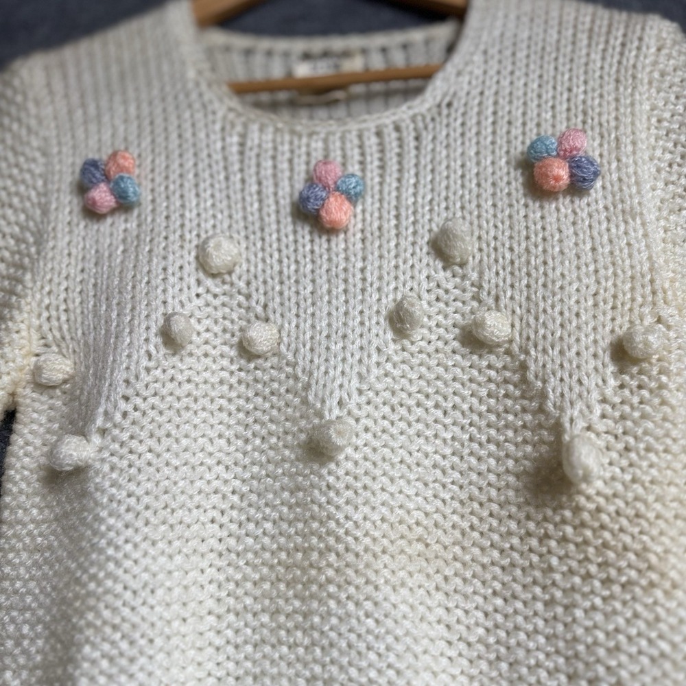 Changing Scene 80s Sweater Small Pastel Pom Pom Floral Chunky Knit Cottagecore